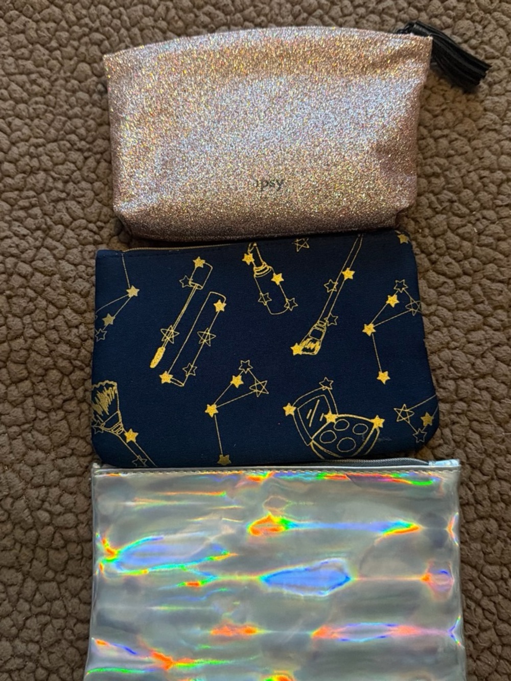 ipsy Glitter Rose Gold, Navy & Holographic Kids Pouch Trio